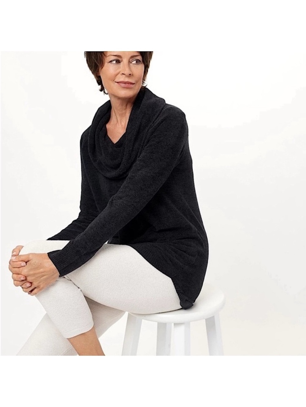 Barefoot Dreams Cozy Chic UltraLite Coastal Cowlneck Neck Tunic Sweater Black S